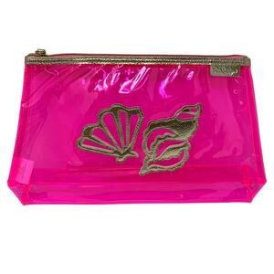 Lilly Pulitzer Clear Hot Pink Havana Clutch Pouch Gold Tone Zipper Shell Design